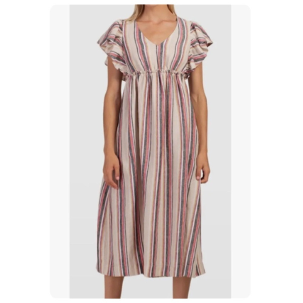 NWT Trina Turk Out of Office Play Dress Linen Ruffle Striped Flutter Sleeve L